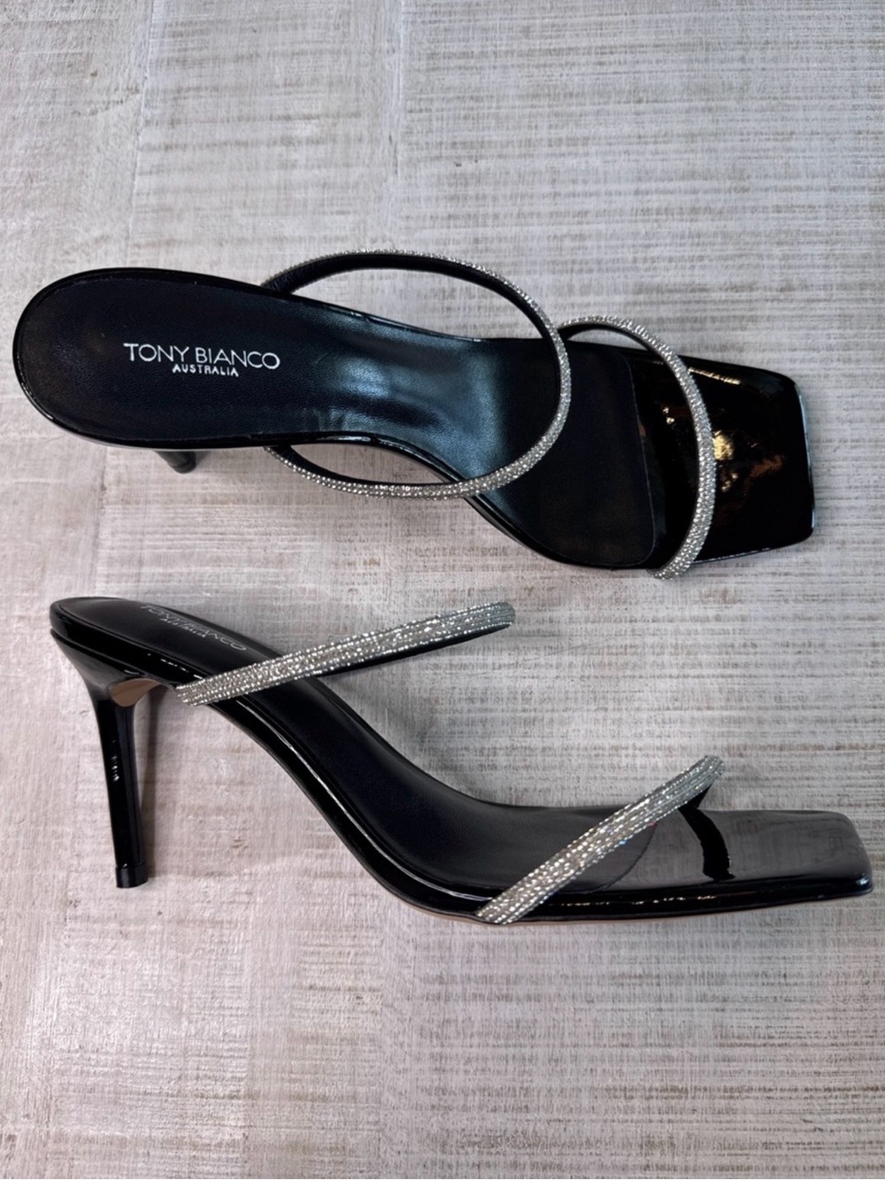 Tony Bianco Chase Crystal Rhinestone Stiletto Mule Heels Black Size 8 NWOB